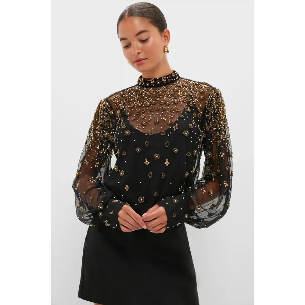 Farm Rio Beaded Tulle Blouse Womens Small Black Sheer Balloon Sleeve Sequin Top
